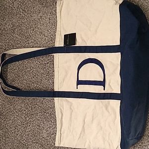 NWT Large embroidered canvas tote bag, navy & cream